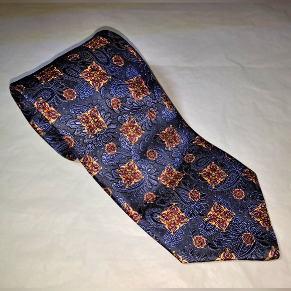 Jos. A. Bank Signature Gold 💯 Silk Necktie 57-60"/3.5" Blue/Gold Floral Paisley - Picture 4 of 9